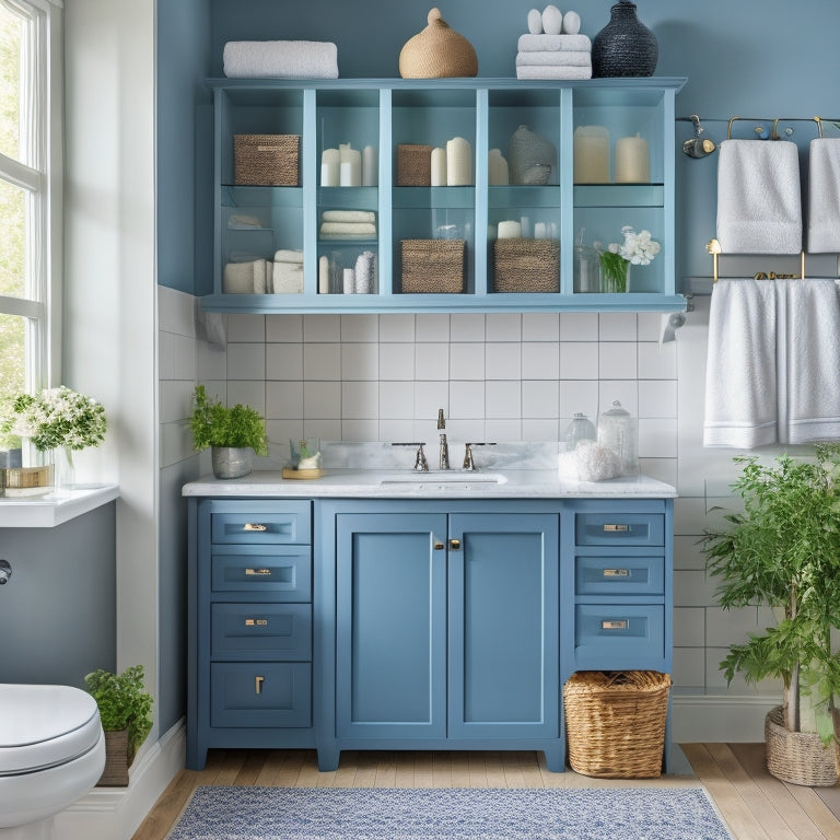 A beautifully organized bathroom with a sleek, wall-mounted sink, surrounded by three-tiered glass shelves, a recessed medicine cabinet, and a pedestal storage unit with decorative baskets and rolled towels.