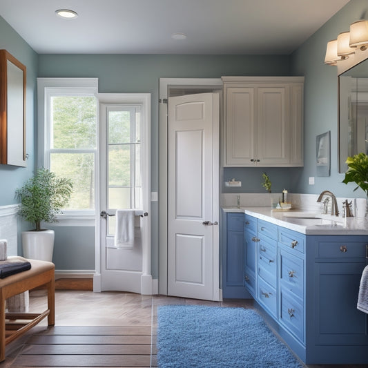 A serene, well-lit bathroom with a walk-in shower, grab bars, and a wall-mounted fold-down seat; a floating vanity with ample storage and a swing-out cabinet for easy access.