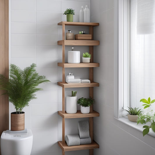 A minimalist bathroom with a small, wall-mounted wooden shelf unit featuring three narrow, rectangular tiers, each holding a few rolled towels and a small potted plant.