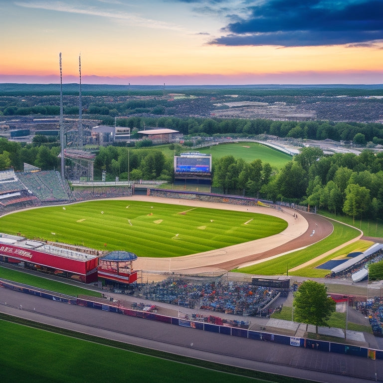 Aerial view of Coca-Cola Park at sunset, with a packed stadium, vibrant green grass, and a bustling concourse surrounded by lush trees, featuring a Ferris wheel and colorful event tents.