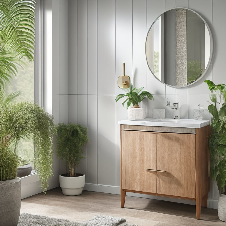 A sleek, modern bathroom with a wall-mounted cabinet, a pedestal sink with built-in storage, and a woven basket on the countertop, surrounded by lush greenery and soft, warm lighting.