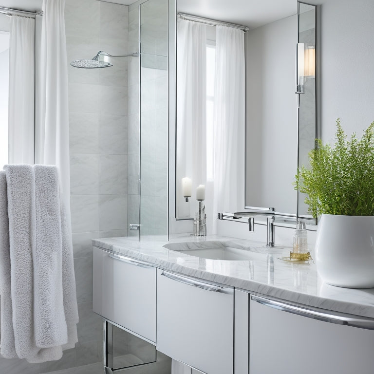 A modern bathroom with sleek, chrome-finished racks holding fluffy white towels, surrounded by minimalist decor, marble countertops, and a large, frameless mirror reflecting soft, natural light.