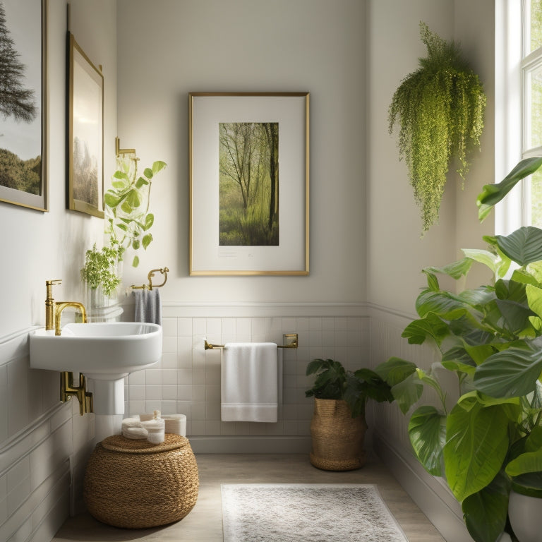 A serene bathroom with white walls, adorned with a mix of framed and unframed art pieces in various shapes, sizes, and textures, surrounded by lush greenery and soft, warm lighting.