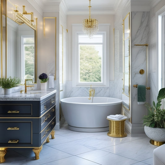 Generate an image of a sleek, modern bathroom with a floor-to-ceiling mirrored wall, a freestanding tub, and a luxurious sink cabinet with ornate gold hardware and a Carrara marble countertop.