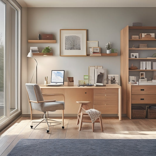 A serene, well-lit room with a sleek, modern wheelchair-accessible storage system, featuring sliding drawers, adjustable shelving, and a minimalist desk with a laptop, surrounded by calm, earthy tones.
