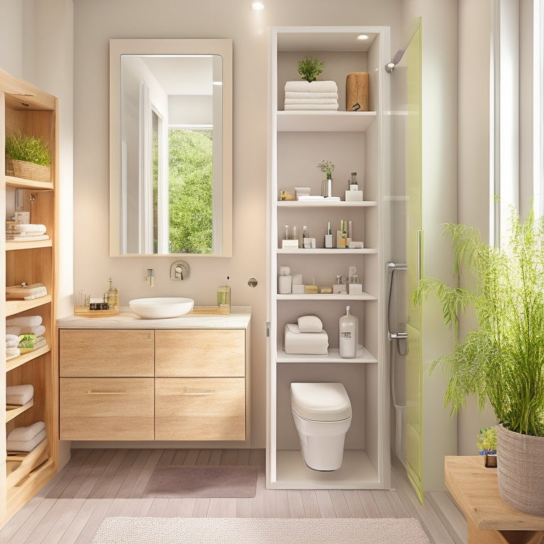 A contemporary small bathroom featuring sleek modular storage units, stacked open shelves with colorful baskets, a minimalist vanity with hidden compartments, and a compact shower nook, all surrounded by soft natural lighting and neutral tones.