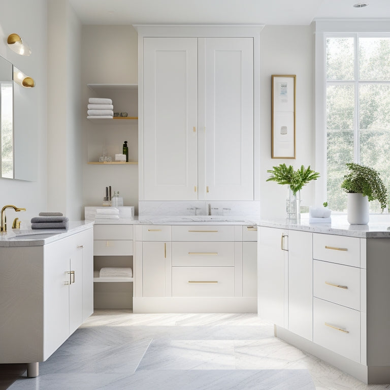 A sleek, modern bathroom with 5 different white cabinet styles, each with unique hardware and design elements, against a clean, neutral background with soft, natural light and subtle shadows.