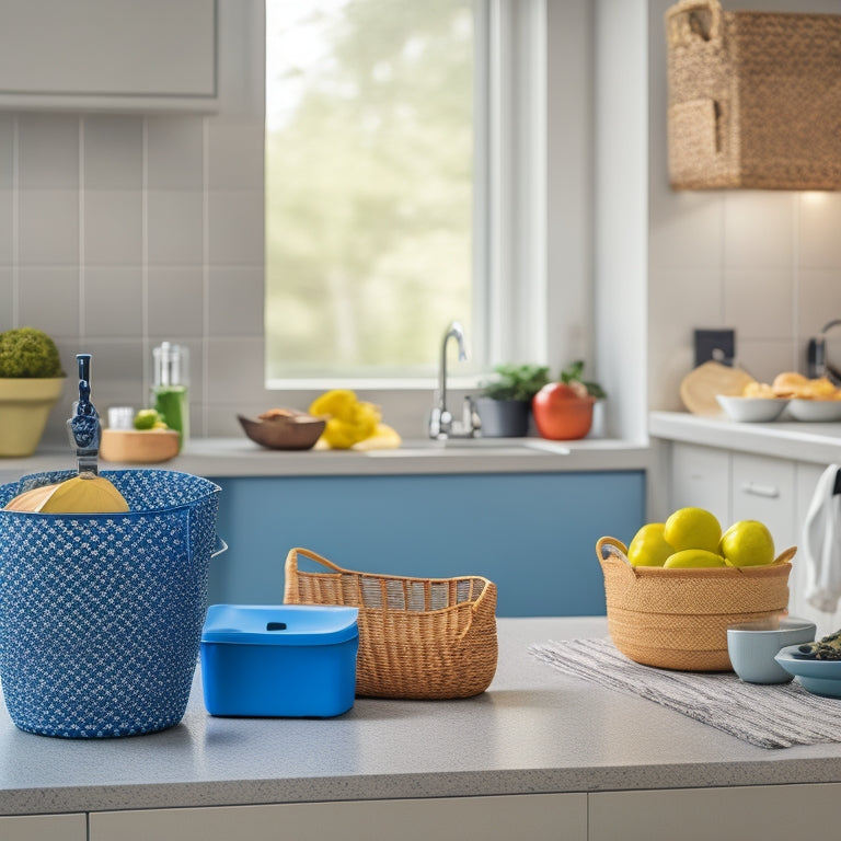 A tidy, U-shaped kitchen countertop with a few strategically placed, colorful baskets, a small trash can, and a minimalist utensil holder, amidst a subtle, blurred background of a busy kitchen.