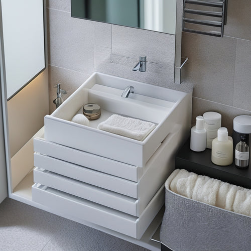 A sleek bathroom scene featuring a modern, space-optimized drawer system. Show organized compartments with toiletries, towels, and grooming items. Soft, ambient lighting highlights elegant finishes and a minimalist design.