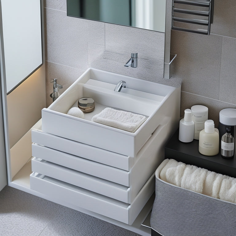 A sleek bathroom scene featuring a modern, space-optimized drawer system. Show organized compartments with toiletries, towels, and grooming items. Soft, ambient lighting highlights elegant finishes and a minimalist design.