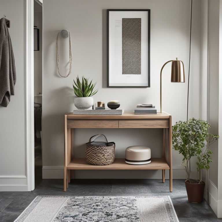 A modern entryway with a geometric-patterned rug, a minimalist console table, and a sleek coat rack featuring three curved hooks and a built-in shelf for storing baskets and decorative items.