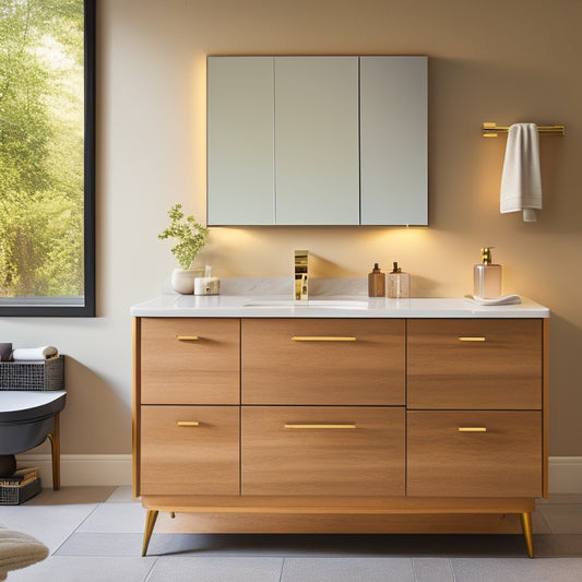 A sleek, modern bathroom with 10 stylish vanities featuring drawers and sinks in various shapes, sizes, and materials, against a neutral background with soft, warm lighting.