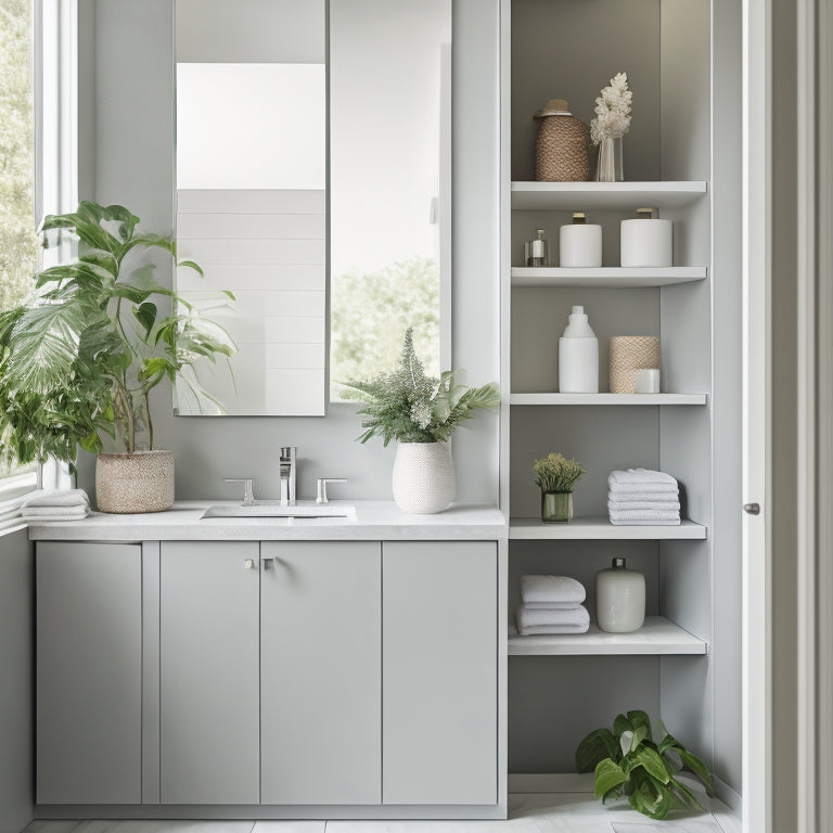 A sleek, minimalist bathroom cabinet in soft gray, featuring open shelving and a polished chrome handle, set against a light, airy backdrop of white tiles and lush greenery, with soft natural lighting illuminating the space.