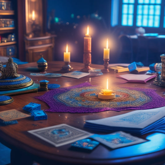 A whirlwind of swirling papers, scattered dice, and broken wands surrounds a toppled, ornate wooden table, with a faint, glowing magical aura lingering in the background.