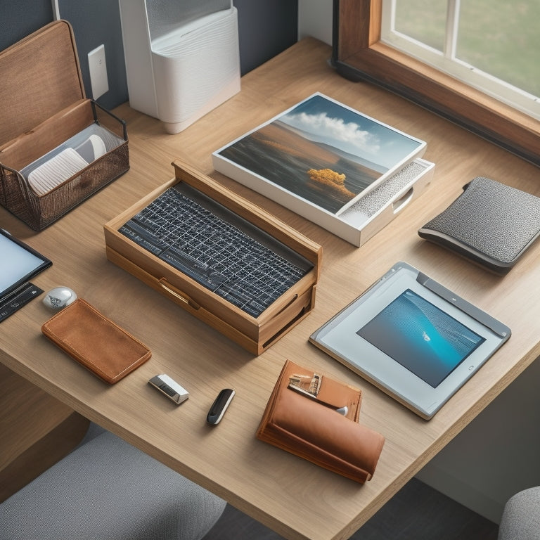 A tidy, modern desk with a laptop and few office supplies, featuring a folding desktop storage case in the center, open to showcase its compartments and organizers.