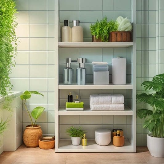 A sleek, modern bathroom featuring a compact, rotating shelf unit adorned with neatly organized toiletries, vibrant plants, and decorative items, set against a minimalist tiled background with soft lighting highlighting the shelves' design.