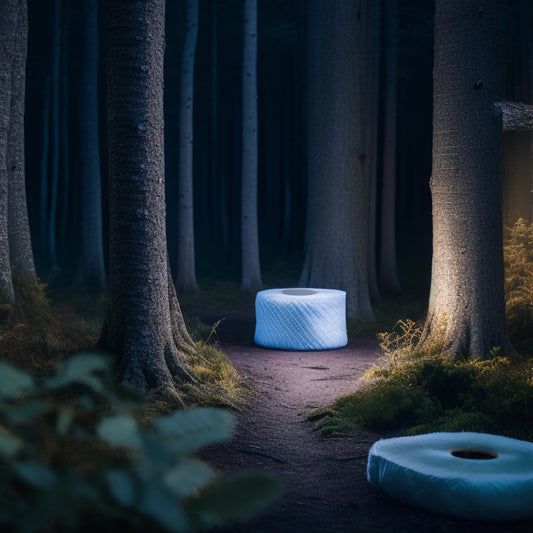 A mystical, moonlit forest with a subtle, glowing quilt pattern emerging from the trees, surrounded by softly lit toilet paper rolls and delicate, swirling threads.
