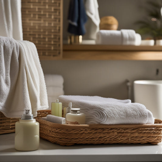 A serene, well-lit bathroom scene featuring a neatly organized countertop with a tiered tray holding a soap dispenser, toothbrush holder, and Q-tips, alongside a plush towel and a woven basket filled with rolled towels.