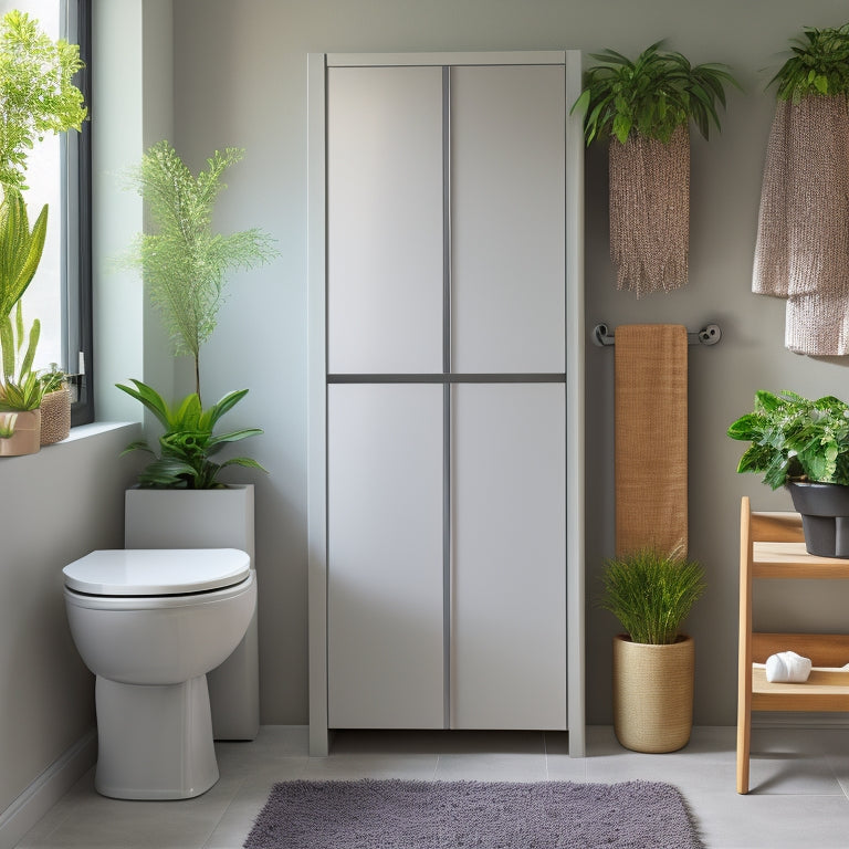 A sleek, wall-mounted toilet storage cabinet with a mirrored door, surrounded by a minimalist bathroom with a freestanding tub, modern fixtures, and a small potted plant on the floor.