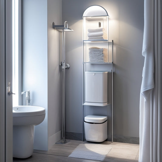 A modern, sleek bathroom with a rotating storage tower featuring multiple shelves, a towel rack, and a built-in trash can, surrounded by a clean, minimalist aesthetic and soft, warm lighting.