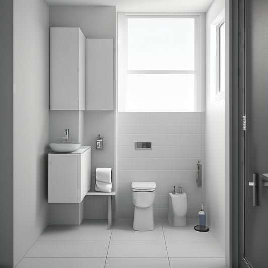 A minimalist, monochromatic illustration of a compact bathroom showcasing a wall-mounted sink, a toilet with a storage unit above, and a shower with a sliding glass door and a recessed shelf.