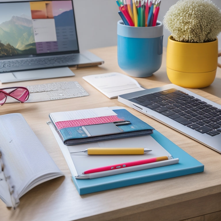 A clutter-free desk with a neatly arranged planner, a set of colorful pens, a laptop with an open digital calendar, and a small stack of organized folders, surrounded by a calm and peaceful background.