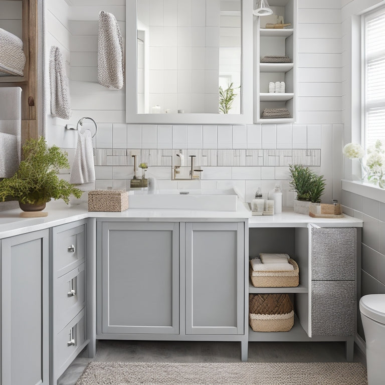 A serene, modern bathroom with a double sink vanity, featuring a wall-mounted storage cabinet, a tiered shelving unit, and a woven basket under the sink, all in a calming white and gray color scheme.