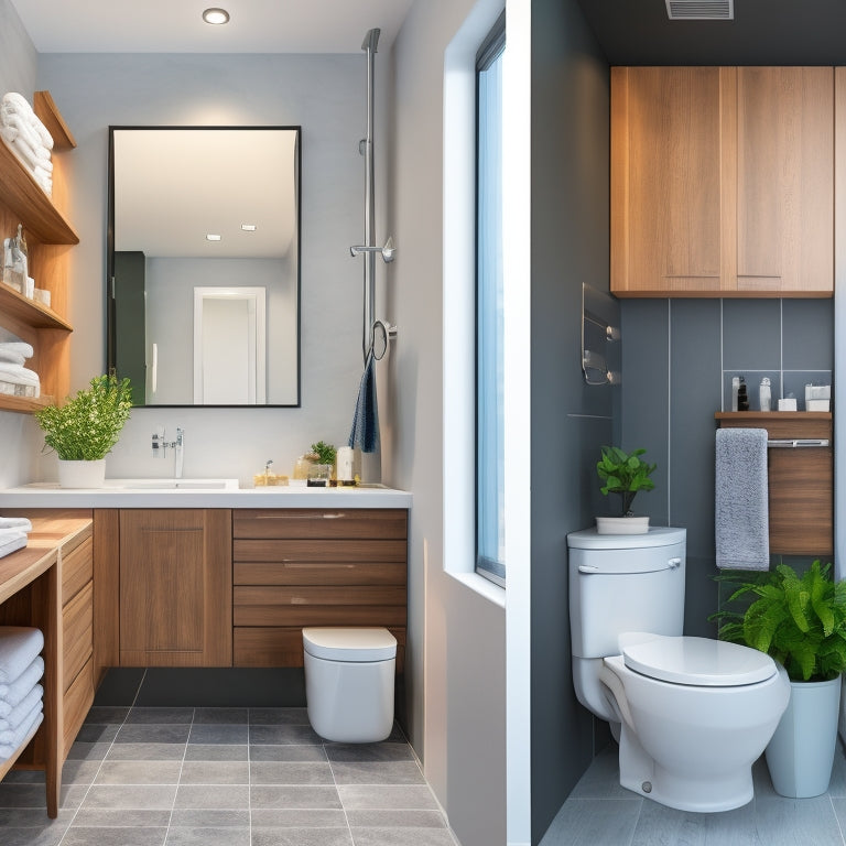 A sleek, modern tiny bathroom with a wall-mounted sink, a compact toilet, and a shower cubicle, featuring a floor-to-ceiling storage unit with sliding glass doors and several tiered shelves.