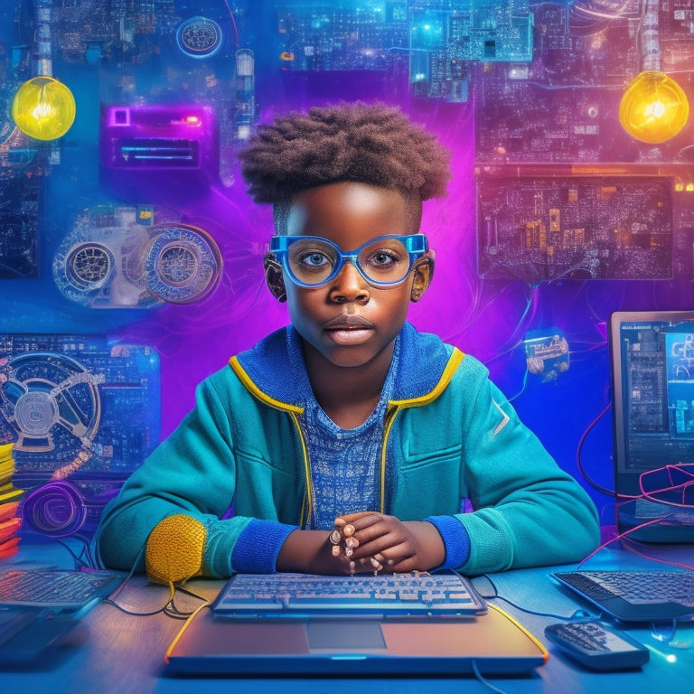 A colorful illustration of a 5th grader surrounded by tablets, laptops, and smartphones, with icons of coding, robotics, and virtual reality floating above, amidst a backdrop of circuit boards and wires.