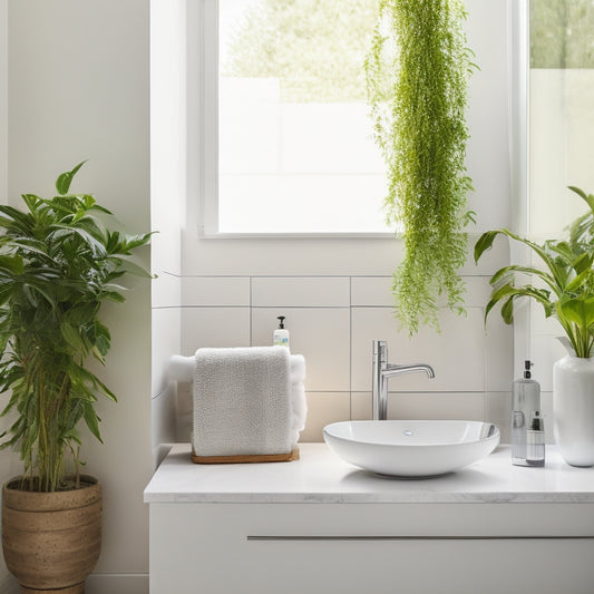 A modern bathroom with crisp white walls, featuring two floating wooden shelves adorned with lush greenery, a few decorative vases, and a minimalist sculpture, surrounded by sleek chrome fixtures and a large mirror.
