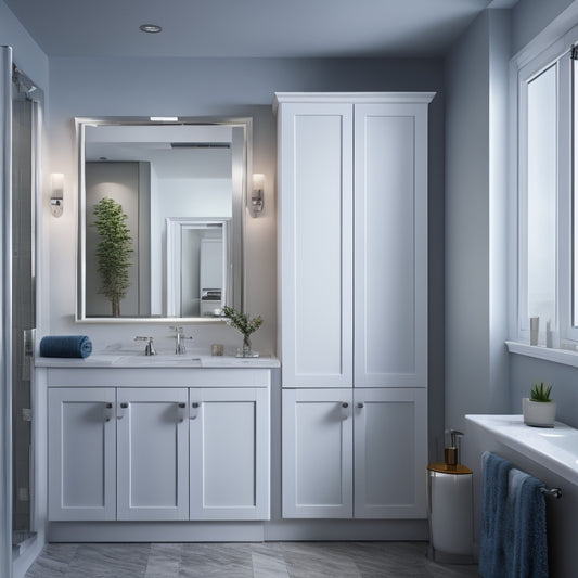 A crisp, white bathroom with a wall-mounted glass door cabinet featuring three adjustable shelves, LED lighting, and a sleek, chrome handle, against a contrasting dark gray background.