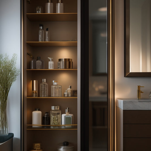 A sleek, modern mirrored cabinet reflects a softly lit bathroom, showcasing adjustable shelving filled with neatly organized toiletries and decorative items, enhancing the spaciousness and elegance of the room.