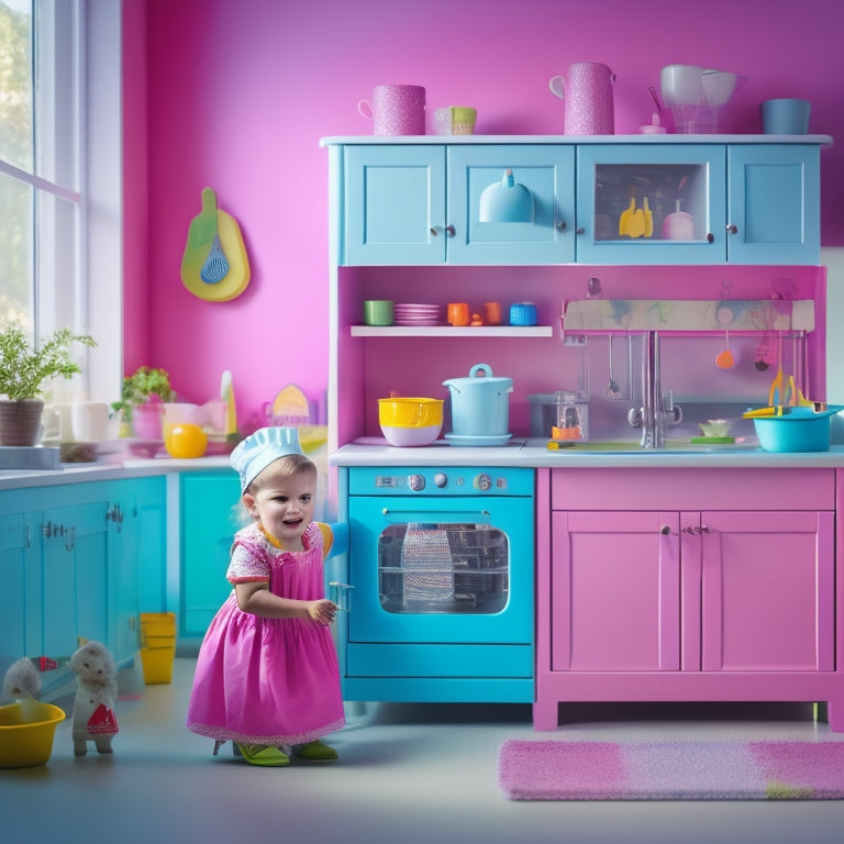 A brightly lit, pastel-colored play kitchen with a miniature dishwasher, surrounded by toy utensils, dishes, and a smiling toddler in a chef's hat, enthusiastically loading the dishwasher.