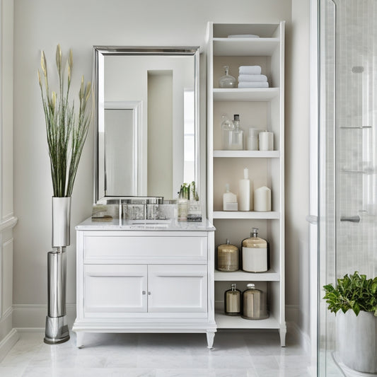 A sleek, modern bathroom featuring floor-to-ceiling open shelving in a polished chrome finish, holding elegant glass jars, rolled towels, and decorative vases, against a backdrop of creamy white marble walls.
