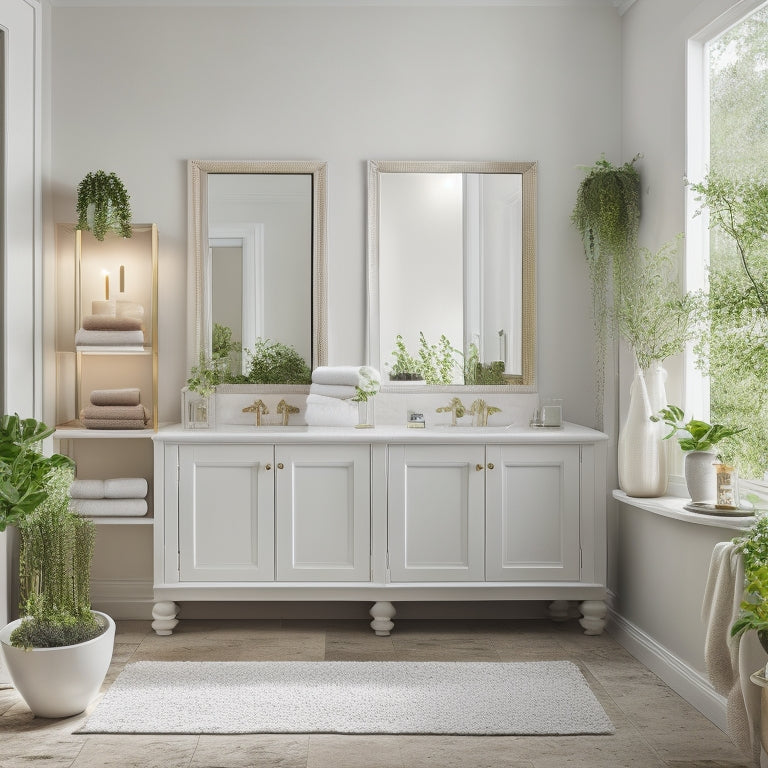 A serene, minimalist bathroom with 10 white bathroom hutches, each adorned with lush greenery, candles, and decorative accents, surrounded by soft, warm lighting and a calming color palette.