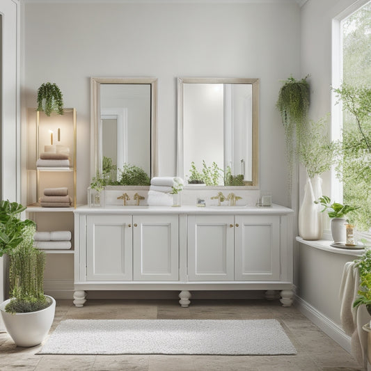 A serene, minimalist bathroom with 10 white bathroom hutches, each adorned with lush greenery, candles, and decorative accents, surrounded by soft, warm lighting and a calming color palette.