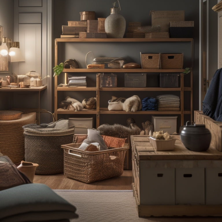 A cozy, cluttered apartment living room with a few items spilling out of a small closet, contrasted with a tidy, organized storage system in the background, featuring stacked crates and labeled bins.