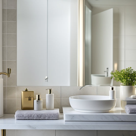 A serene, minimalist bathroom with a few, carefully selected toiletries on a sleek, marble countertop, surrounded by ample empty space and a subtle, calming color palette.