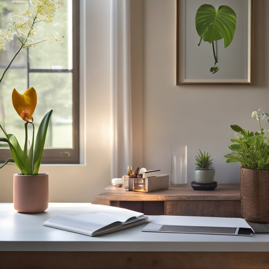 A serene, clutter-free workspace with a wooden desk, a few neatly labeled files, a single, blooming orchid, and a minimalist calendar on the wall, illuminated by soft, natural light.