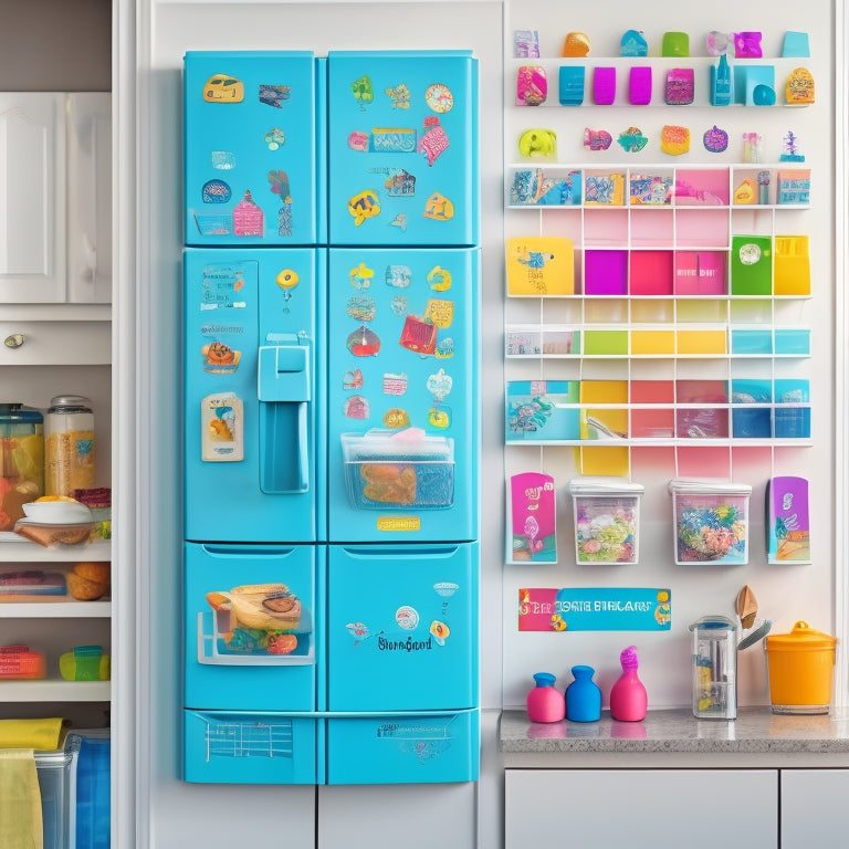 A colorful, clutter-free refrigerator or kitchen wall displaying a large, kid-friendly chart with rows of illustrated icons (e.g., toothbrush, book, broom) and movable, smile-faced magnets.