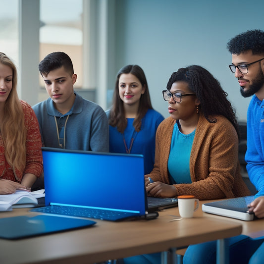 A diverse group of students with disabilities, including wheelchair users, sign language interpreters, and individuals with visual impairments, interacting with laptops and tablets in a modern, well-lit classroom.