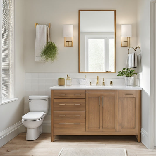 A serene, white bathroom with a sleek, wall-mounted vanity featuring a custom drawer unit with soft-close drawers in a warm, honey-brown wood tone, surrounded by gleaming chrome fixtures.