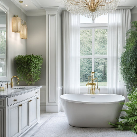 A serene bathroom with creamy white walls, gray marble countertops, and a freestanding tub surrounded by lush greenery, illuminated by a stunning crystal chandelier and floor-to-ceiling windows.