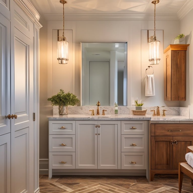 A beautifully lit, modern bathroom with a custom linen cabinet featuring soft-close drawers, crown molding, and a distressed wood finish, surrounded by crisp white walls and gleaming chrome fixtures.