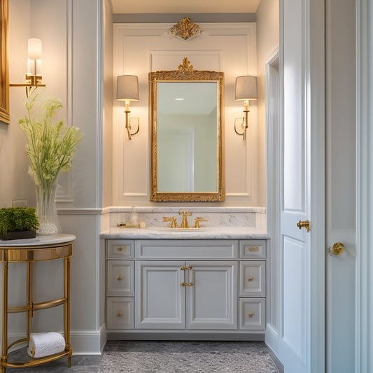 A beautifully styled bathroom with a custom-built wall cabinet featuring ornate metal handles, a soft-close door, and a warm LED light illuminating the interior, set against a calming gray and white marble background.