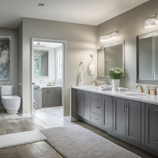 A serene, well-lit bathroom with a sleek EuroSpa bath at center, surrounded by modern fixtures, plush towels, and a spacious changing area with a built-in bench and mirrored cabinets.