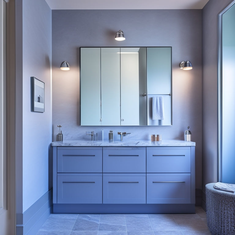 A modern bathroom with a large, rectangular wall-mounted mirror cabinet in a polished chrome frame, surrounded by sleek gray walls and a marble countertop, with soft, warm lighting.