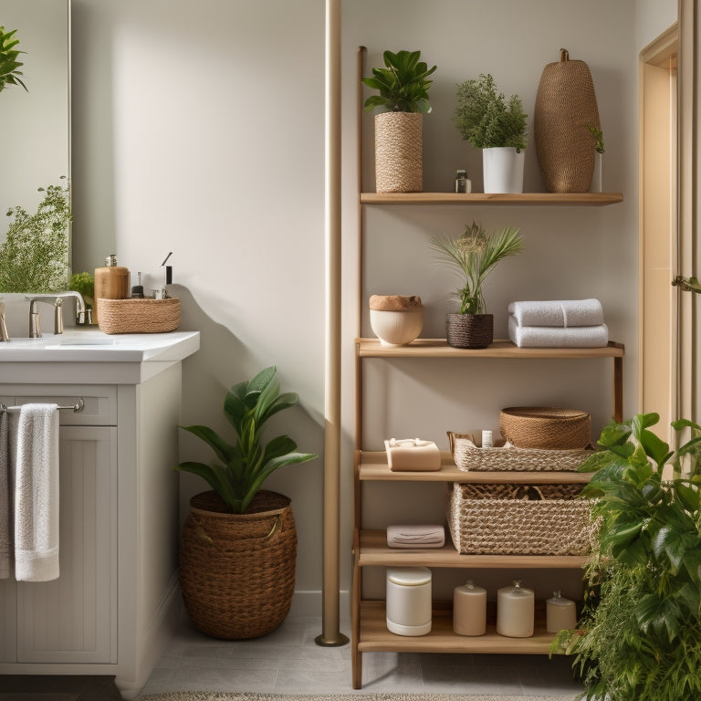 A serene bathroom with a wall-mounted cabinet, tiered shelves, and a woven basket storing toiletries, surrounded by a minimalist aesthetic, warm lighting, and a few potted plants.