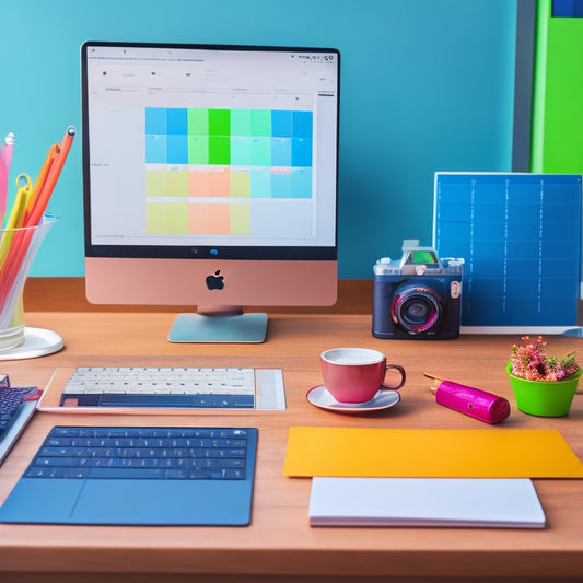 A minimalist desk with a laptop open to a calendar view, surrounded by colorful folders and pens, with a tablet in the background displaying a video tutorial on organization.