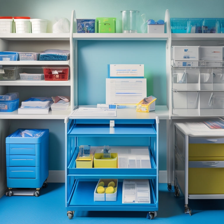 A tidy nurse's station with a color-coded calendar, labeled folders, and a organized supply cart, surrounded by a calm and serene background, conveying a sense of efficiency and productivity.